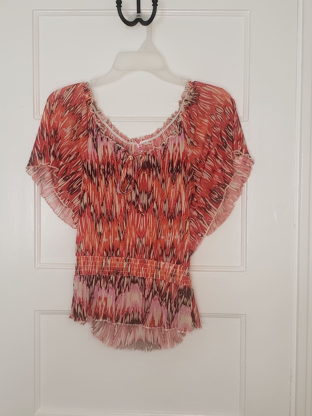 6 degrees Orange and Pink Sheer Flutter-Sleeve Peasant Blouse